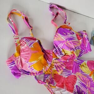 Sunseeker High Cut butterfly colorful pink & orange bikini NWT Size 10/36D